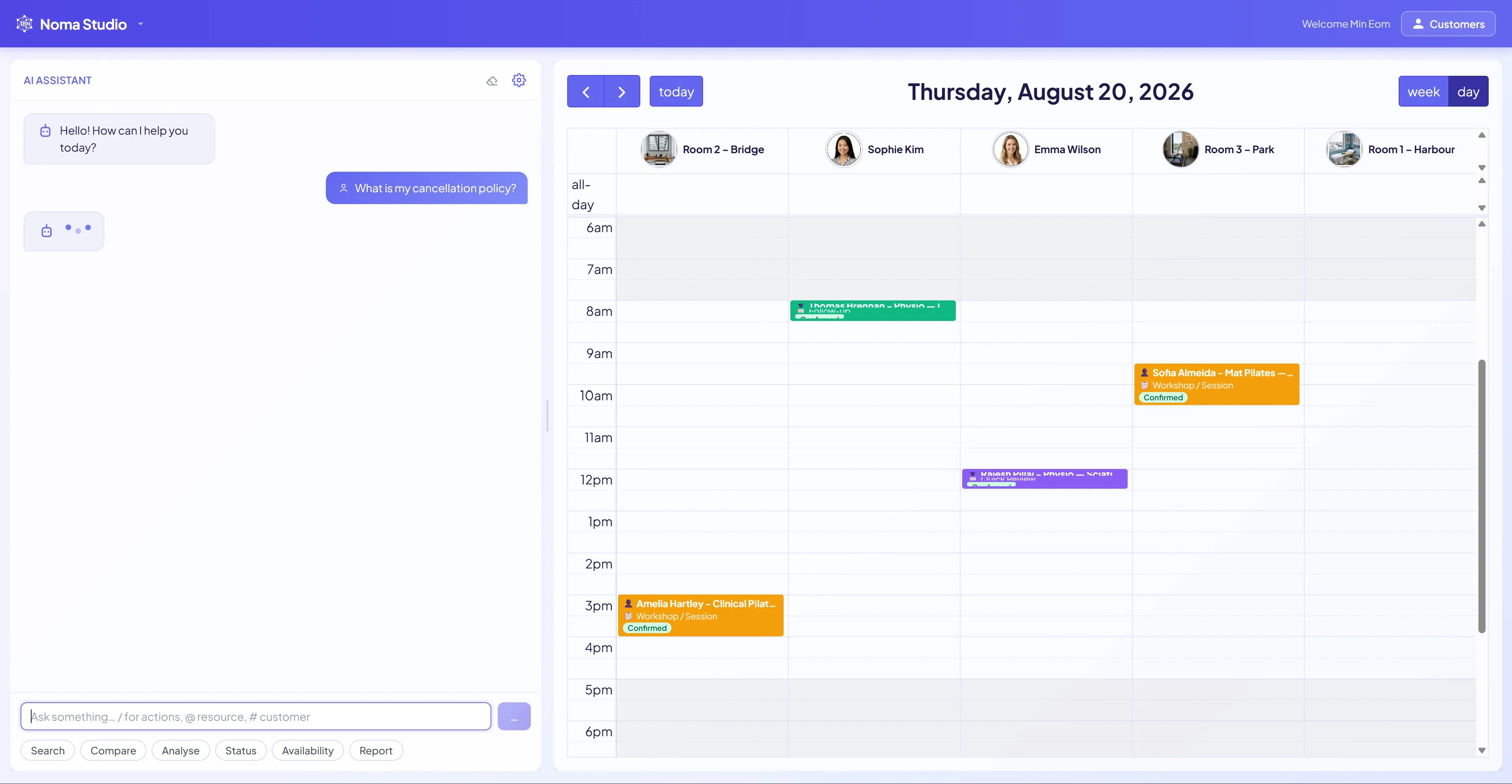 nomaHello pre-alpha: the AI assistant panel on the left with a resource calendar of staff and rooms on the right, showing colour-coded appointments